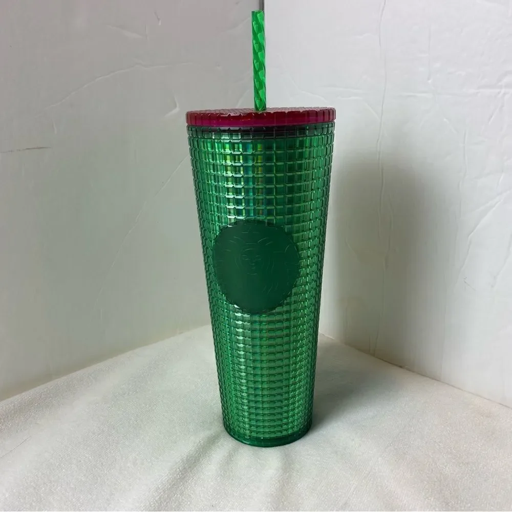 Starbucks New With Tags Green Grid 24oz Tumbler Pink Lid